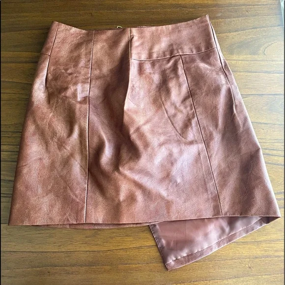 2/$30 - H&M Brown Faux Leather Asymmetrical Wrap Skirt - Size 4 - Picture 2 of 4